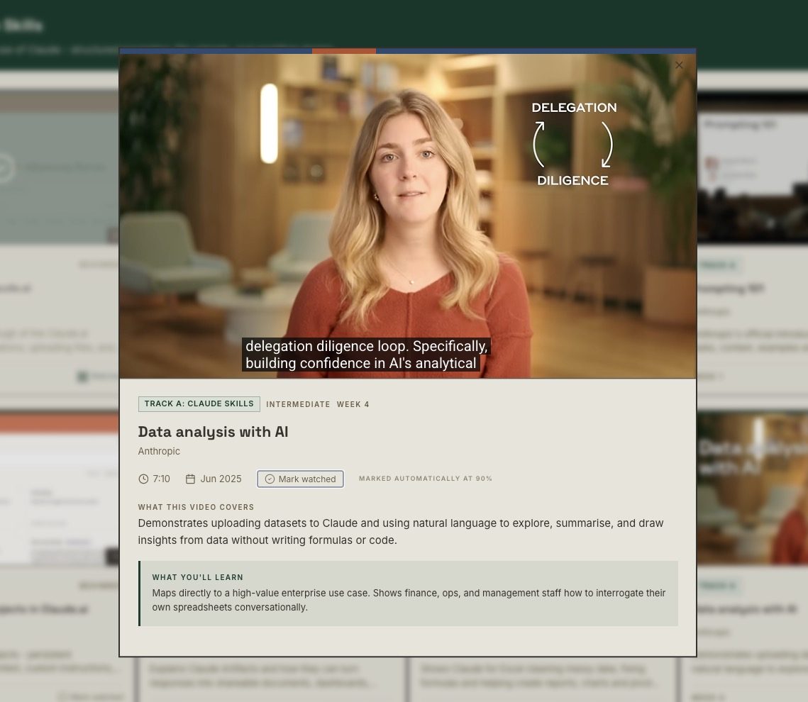 The Learning Hub course view, showing a training video open with its track, week, description and watch progress.