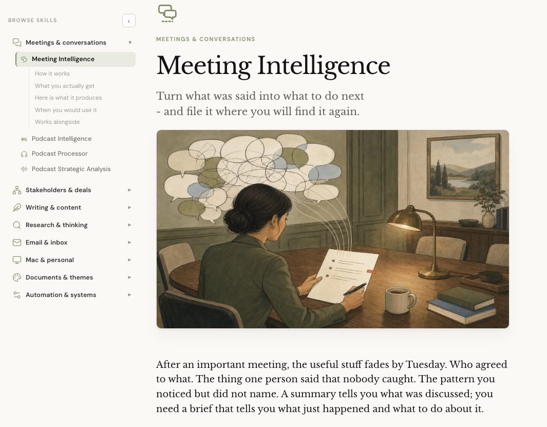 The Skills Library browser, showing the Meeting Intelligence skill and its categories in the sidebar.