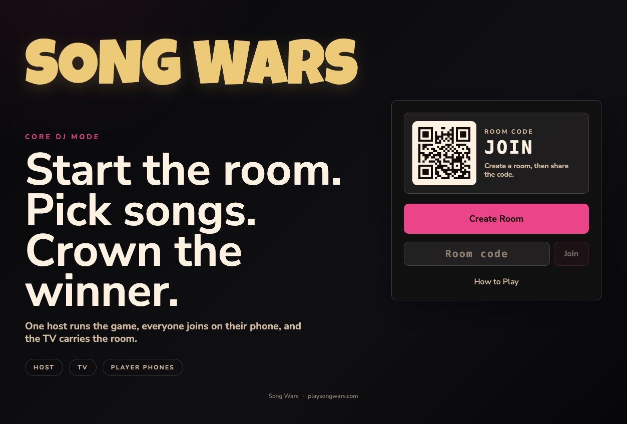 The SongWars host screen, showing the room code, QR code to join and the create-room controls.